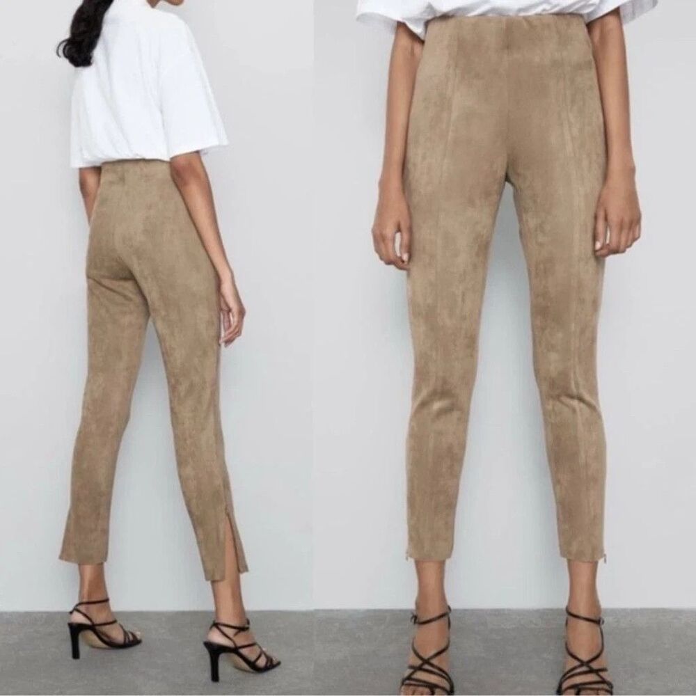 ZARA Women’s Faux Suede Leggings XL Tan High Rise Ankle Zip Stretch Pants
